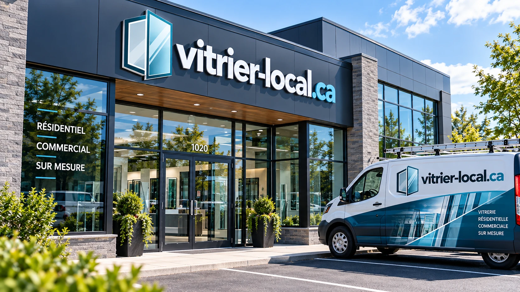 Façade et véhicule de service d'une entreprise de vitrerie