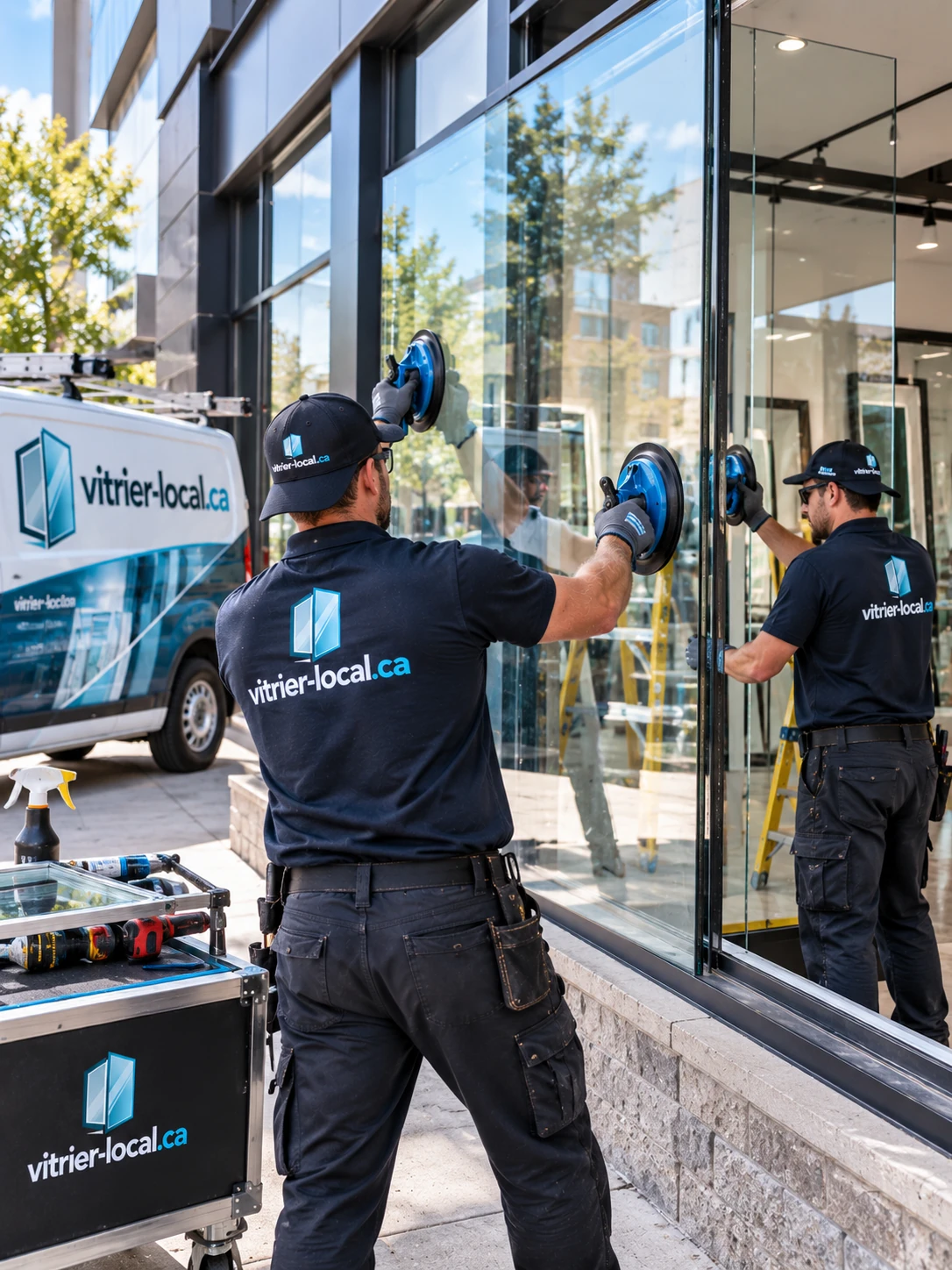 Deux vitriers posant une vitrine commerciale à la ventouse